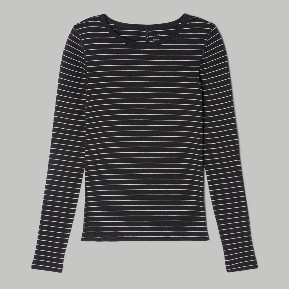 Everlane The Supima Micro Rib Long Sleeve Crew Black White Stripe Size Medium